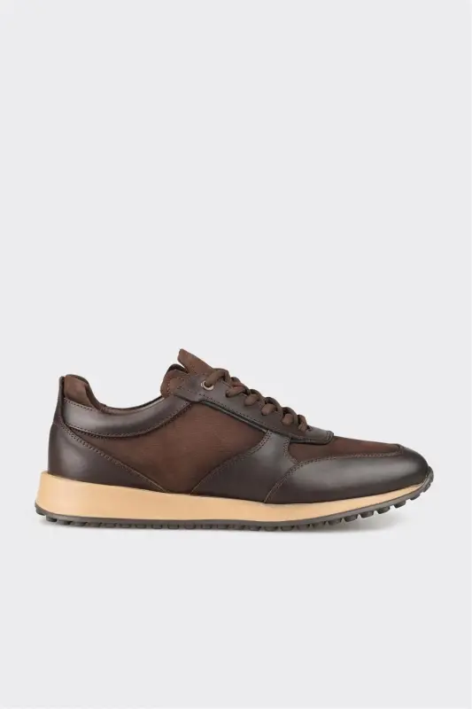 Coffee Leather Men's Sneakers - 1