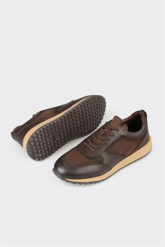 Coffee Leather Men's Sneakers - 3