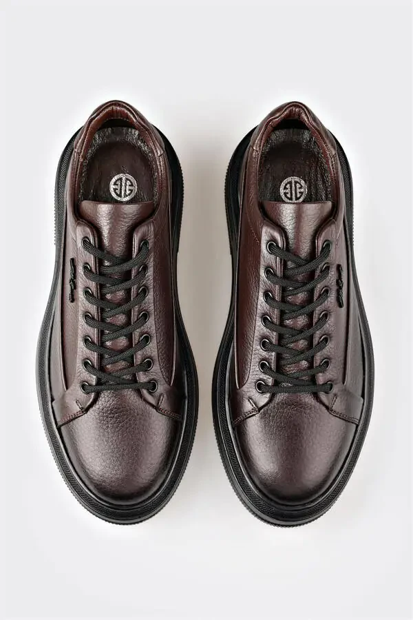 Coffee Leather Men's Sneakers - 4