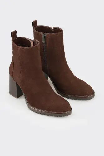 Coffee Leather Women Mid Heel Boot-Coffee - ELLE SHOES (1)