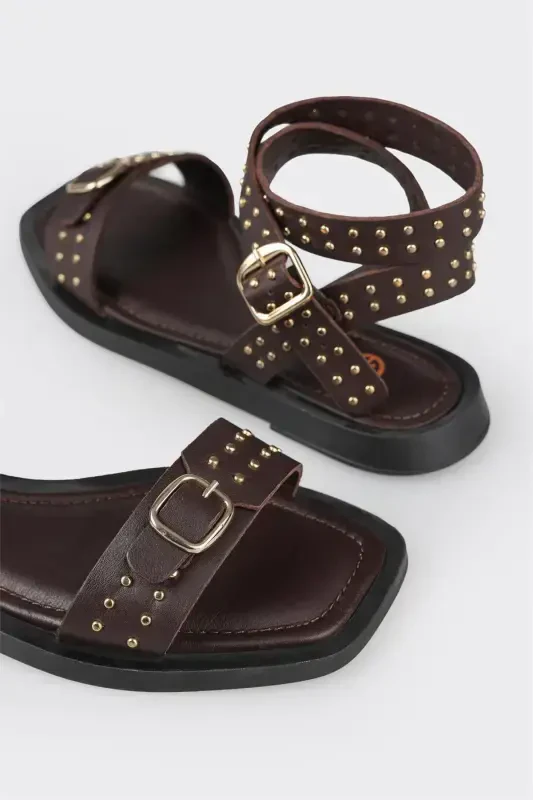 Coffee Leather Women's Flat Sandal-Coffee - 5