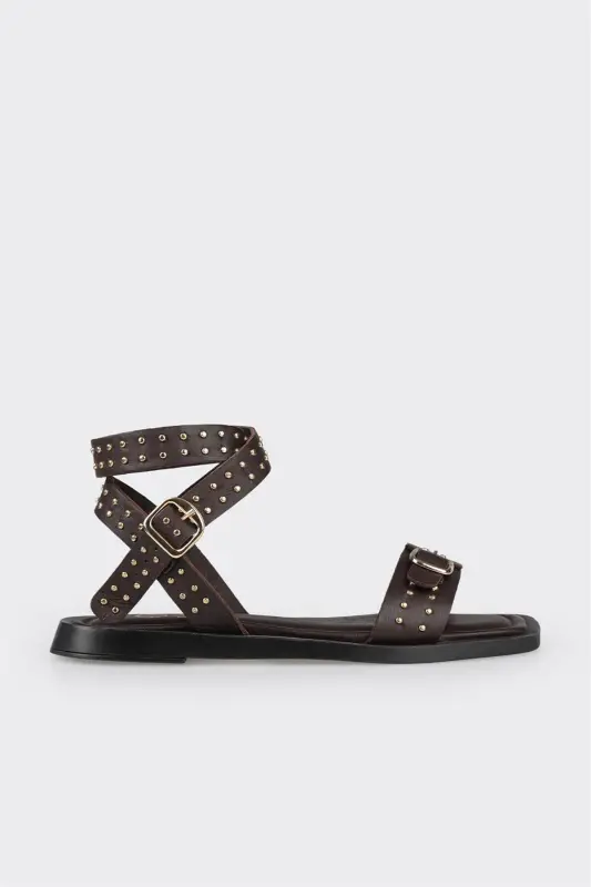 Coffee Leather Women's Flat Sandal-Coffee - ELLE SHOES