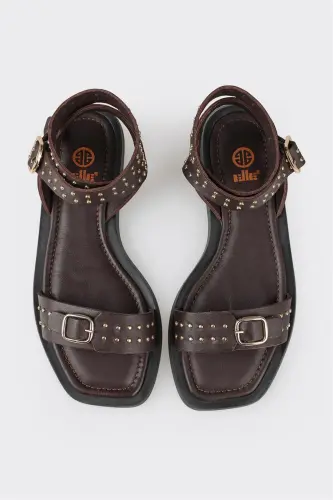 Coffee Leather Women's Flat Sandal-Coffee - 4
