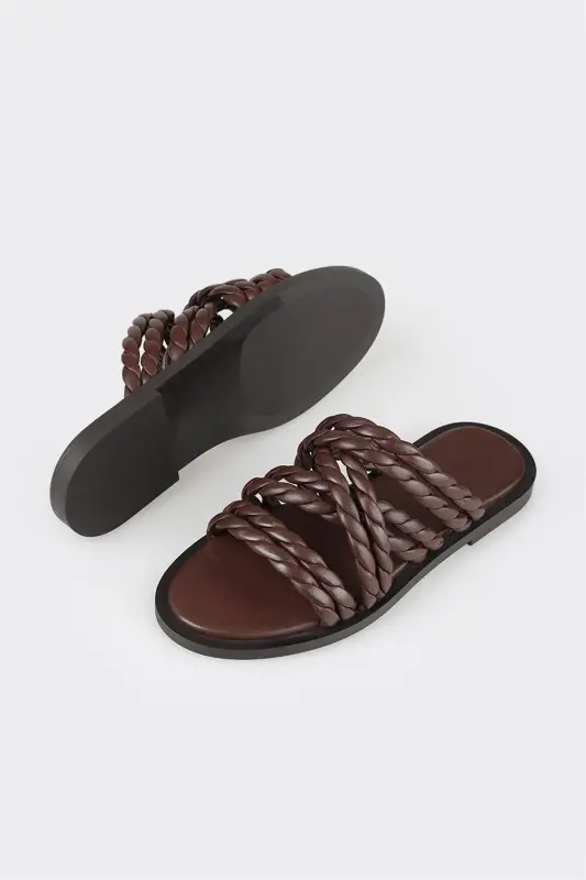 Coffee Leather Women's Slippers - 3