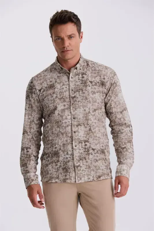 Coffee Pattern Button Neck Comfort Fit Shirt - 1