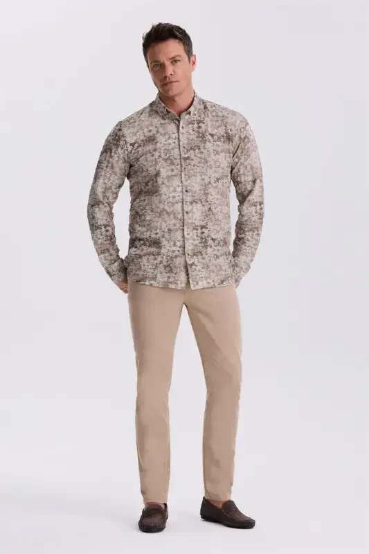 Coffee Pattern Button Neck Comfort Fit Shirt - 2