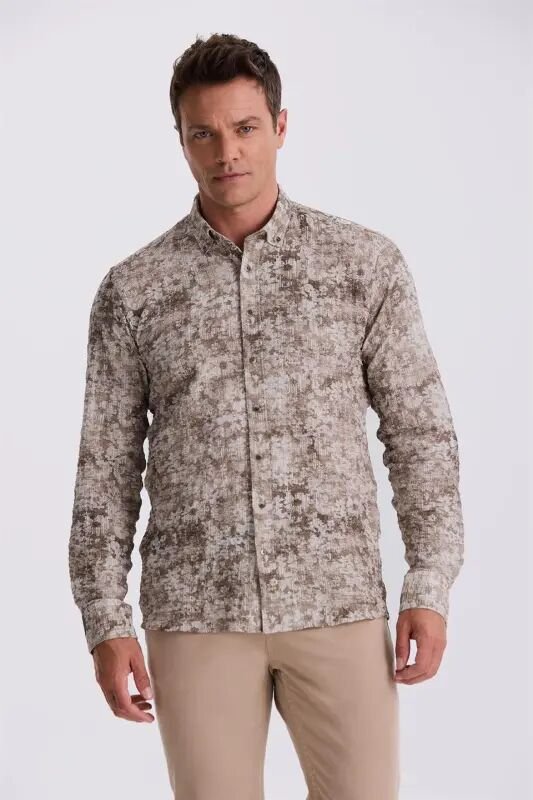 Coffee Patterned Buttoned Collar Comfort Fit Shirt - 1