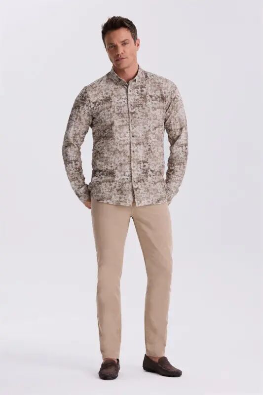 Coffee Patterned Buttoned Collar Comfort Fit Shirt - 2