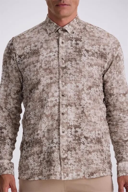 Coffee Patterned Buttoned Collar Comfort Fit Shirt - 3