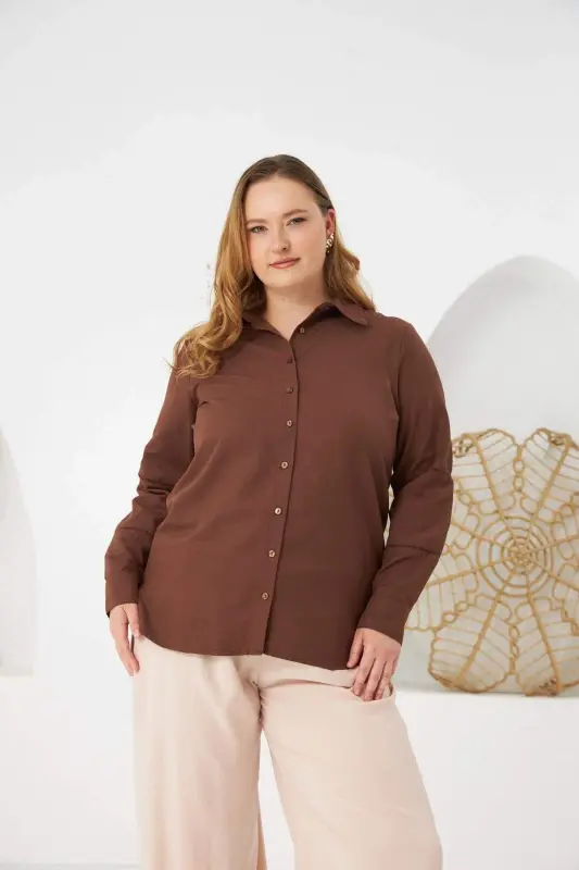 Coffee Plus Size Shirt with Detailed Bell Sleeve Crochet - BÜYÜKBEDENIZ
