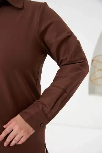 Coffee Plus Size Shirt with Detailed Bell Sleeve Crochet - BÜYÜKBEDENIZ (1)