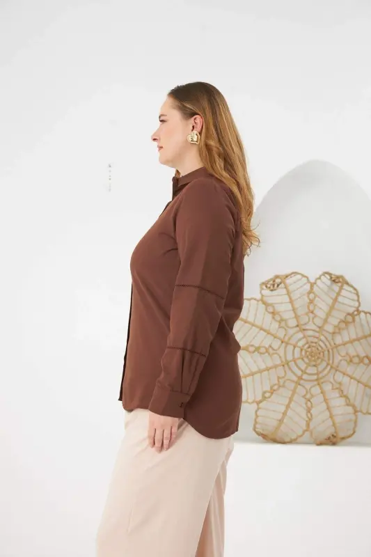 Coffee Plus Size Shirt with Detailed Bell Sleeve Crochet - 3