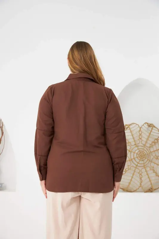 Coffee Plus Size Shirt with Detailed Bell Sleeve Crochet - 5