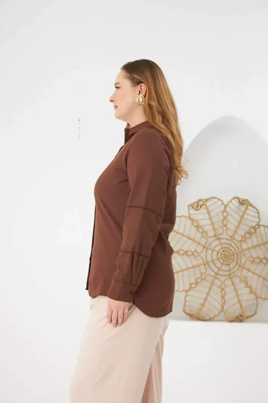 Coffee Plus Size Shirt with Detailed Bell Sleeve Crochet - 3
