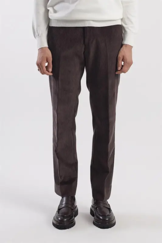 Coffee Regular Fit 100% Cotton Corduroy Pants - JAKAMEN