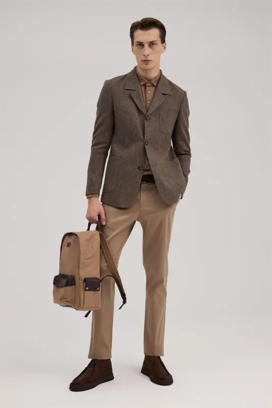 Coffee Slim Fit Barber Collar Striped Jacket - JAKAMEN