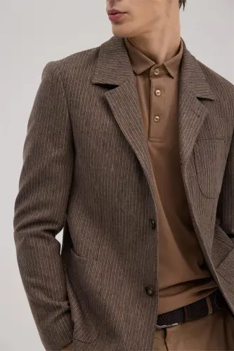 Coffee Slim Fit Barber Collar Striped Jacket - 3
