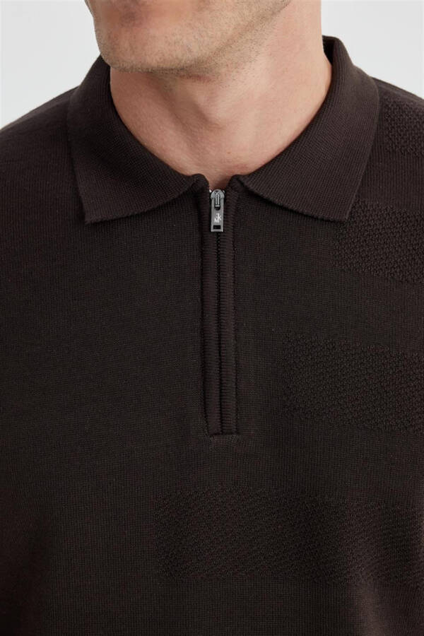 Coffee Slim Fit Cotton Patterned Zippered Polo Collar Knitted Pullover - 3