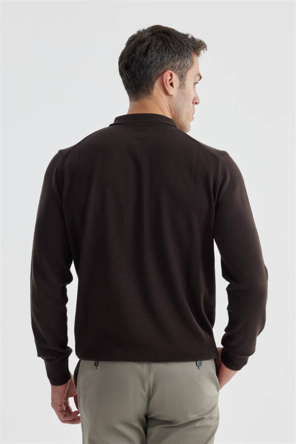 Coffee Slim Fit Cotton Patterned Zippered Polo Collar Knitted Pullover - 4