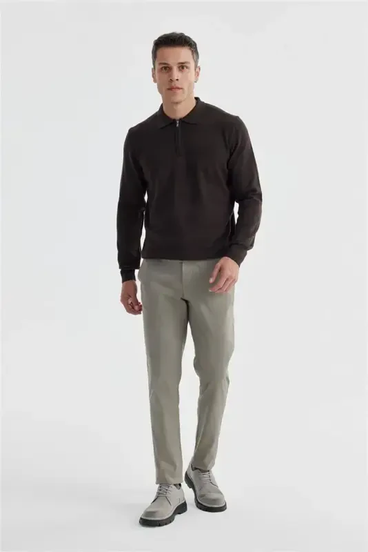 Coffee Slim Fit Cotton Patterned Zippered Polo Neck Knit Sweater - JAKAMEN