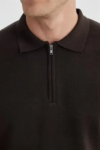 Coffee Slim Fit Cotton Patterned Zippered Polo Neck Knit Sweater - 3