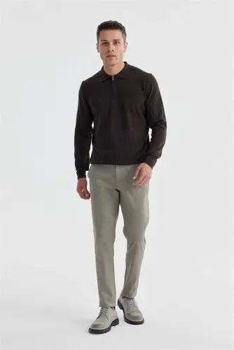 Coffee Slim Fit Cotton Patterned Zippered Polo Neck Knit Sweater 