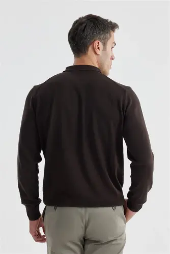 Coffee Slim Fit Cotton Patterned Zippered Polo Neck Knit Sweater - 4
