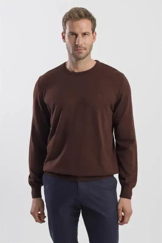 Coffee Slim Fit Crew Neck Pullover Sweater - JAKAMEN