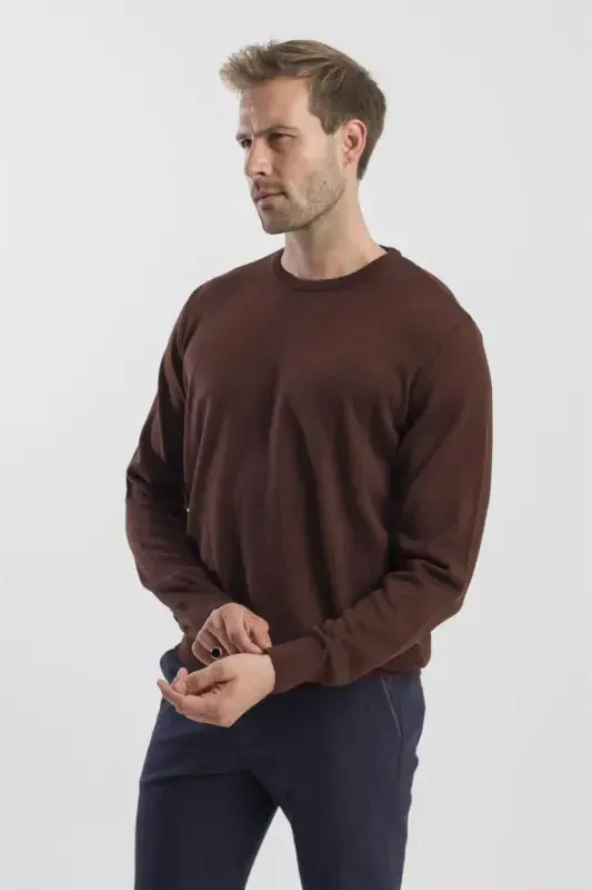 Coffee Slim Fit Crew Neck Pullover Sweater - 3