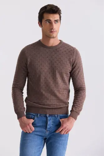 Coffee Slim Fit Cycling Collar Patterned Knitted Pullover - 1
