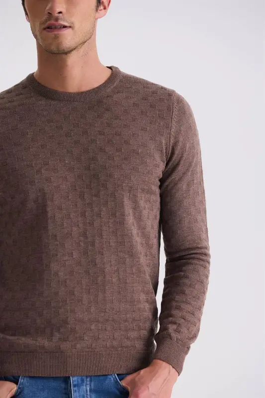 Coffee Slim Fit Cycling Collar Patterned Knitted Pullover - 3