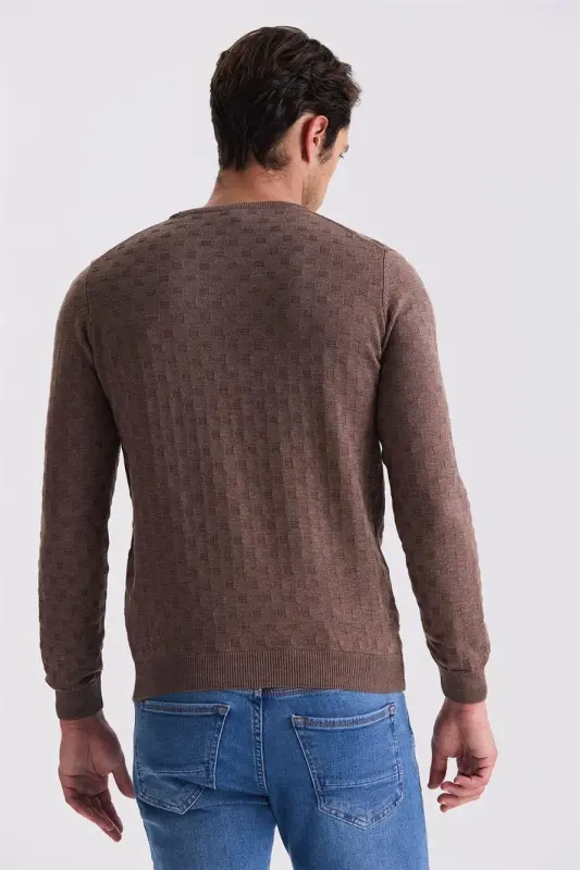 Coffee Slim Fit Cycling Collar Patterned Knitted Pullover - 4