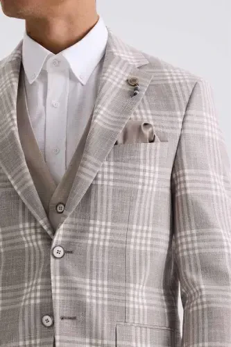 Coffee Slim Fit Mono Collar Checkered Combined Vested Suit - 3