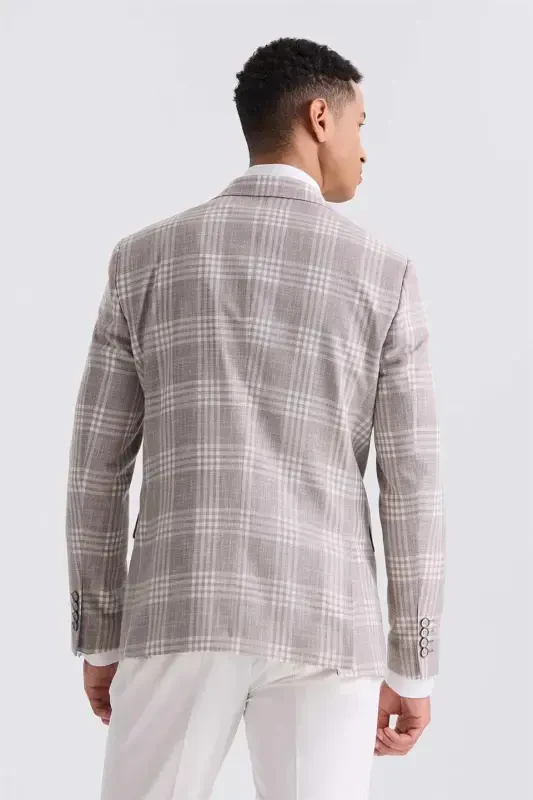 Coffee Slim Fit Mono Collar Checkered Combined Vested Suit - 4