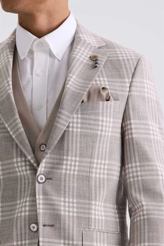 Coffee Slim Fit Mono Collar Checkered Combined Vested Suit - 3