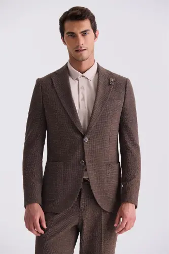 Coffee Slim Fit Mono Collared Patterned Sports Suit - 2