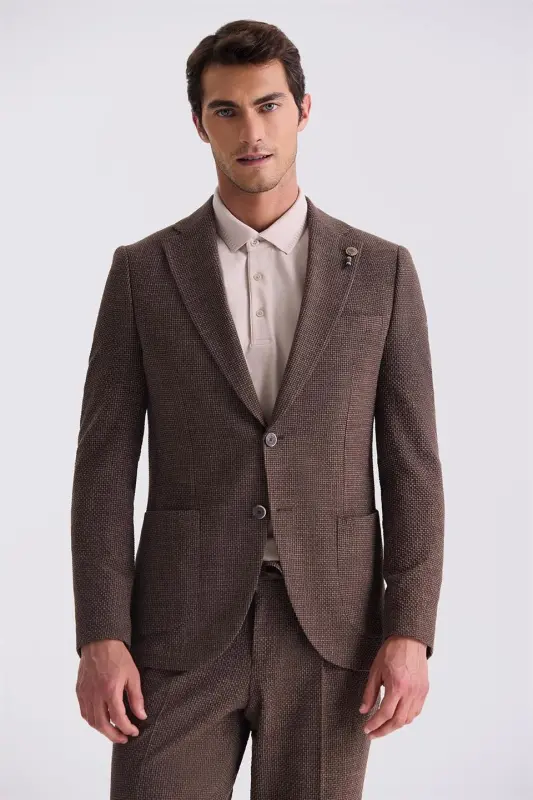 Coffee Slim Fit Mono Collared Patterned Sports Suit - 2