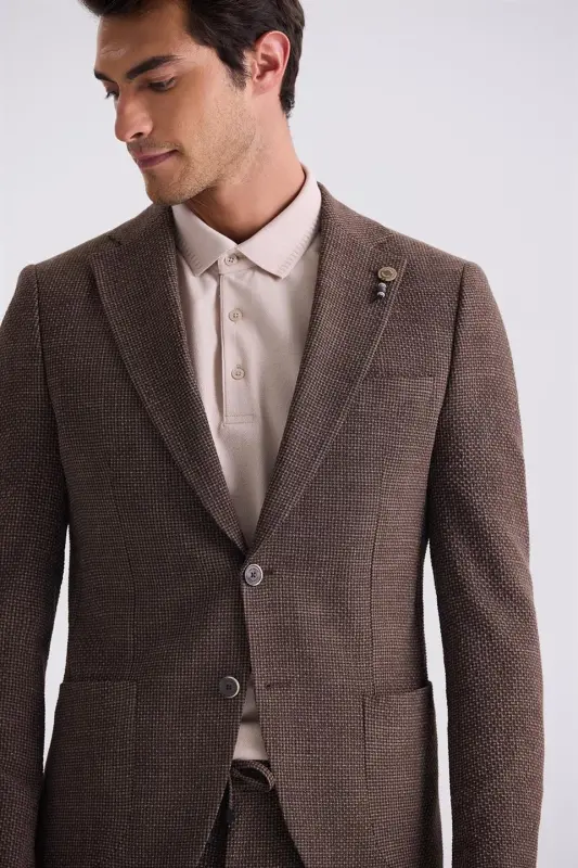 Coffee Slim Fit Mono Collared Patterned Sports Suit - 3