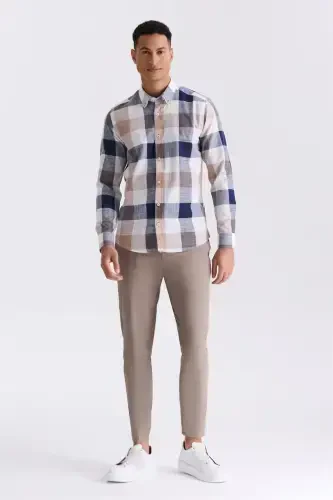 Coffee Slim Fit Plaid 100% Cotton Shirt - JAKAMEN (1)