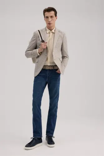 Coffee Slim Fit Pointed Collar Linen Sport Jacket - 1