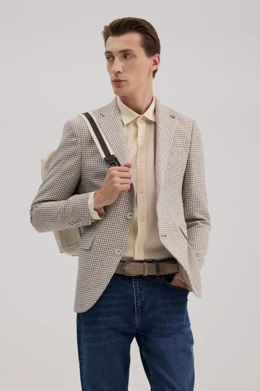 Coffee Slim Fit Pointed Collar Linen Sport Jacket - 2