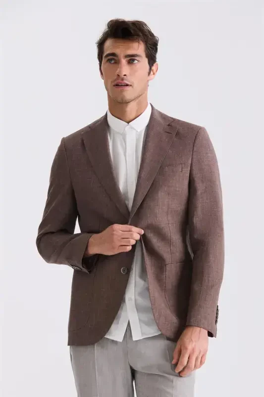 Coffee Slim Fit Polo Neck Linen Sport Jacket - 1