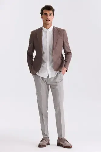 Coffee Slim Fit Polo Neck Linen Sport Jacket - Modazone (1)