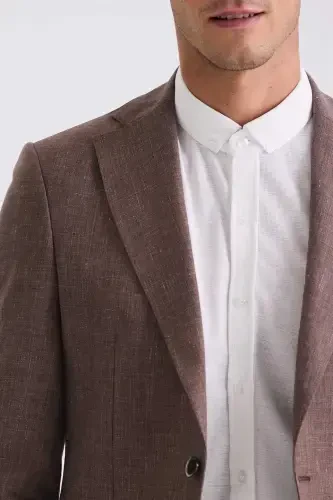 Coffee Slim Fit Polo Neck Linen Sport Jacket - 3