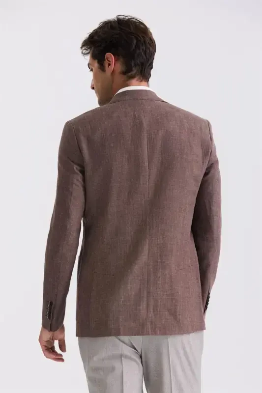 Coffee Slim Fit Polo Neck Linen Sport Jacket - 4