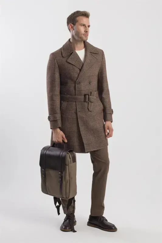 Coffee Slim Fit Sailor Collar Checked Wool Coat - 1