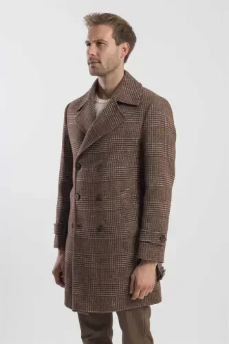 Coffee Slim Fit Sailor Collar Checked Wool Coat - MODAZONE (1)