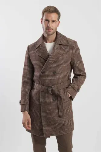 Coffee Slim Fit Sailor Collar Checked Wool Coat - 3