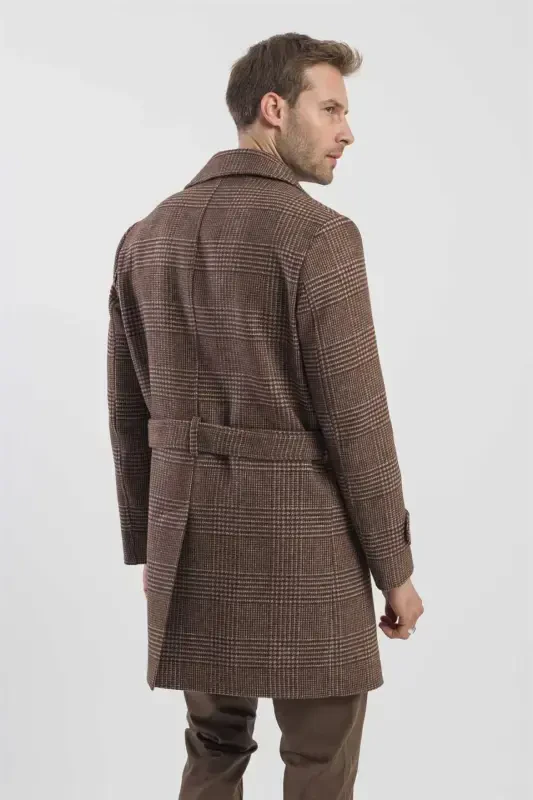 Coffee Slim Fit Sailor Collar Checked Wool Coat - 4