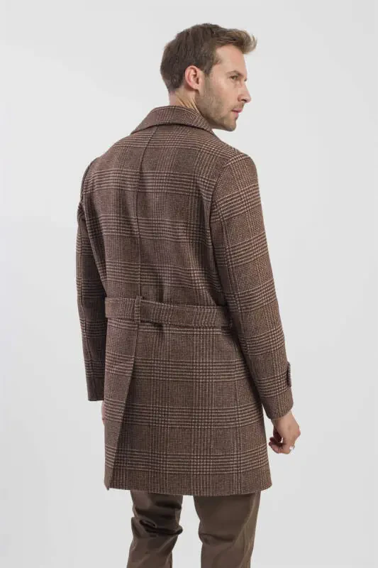 Coffee Slim Fit Sailor Collar Plaid Woolen Coat - 4